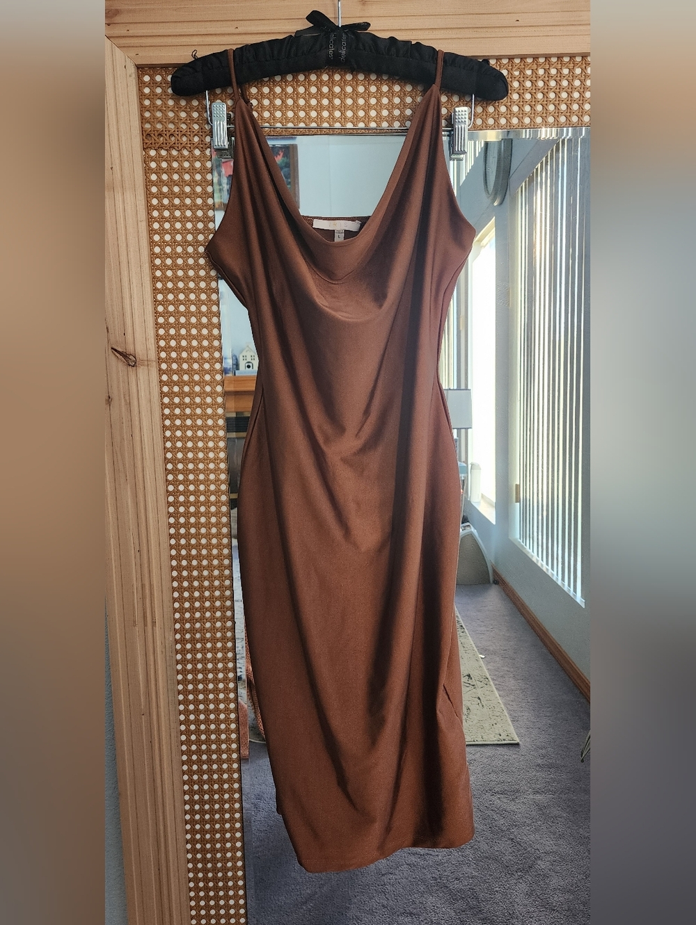iris Brown Satin Cowl Midi Dress
